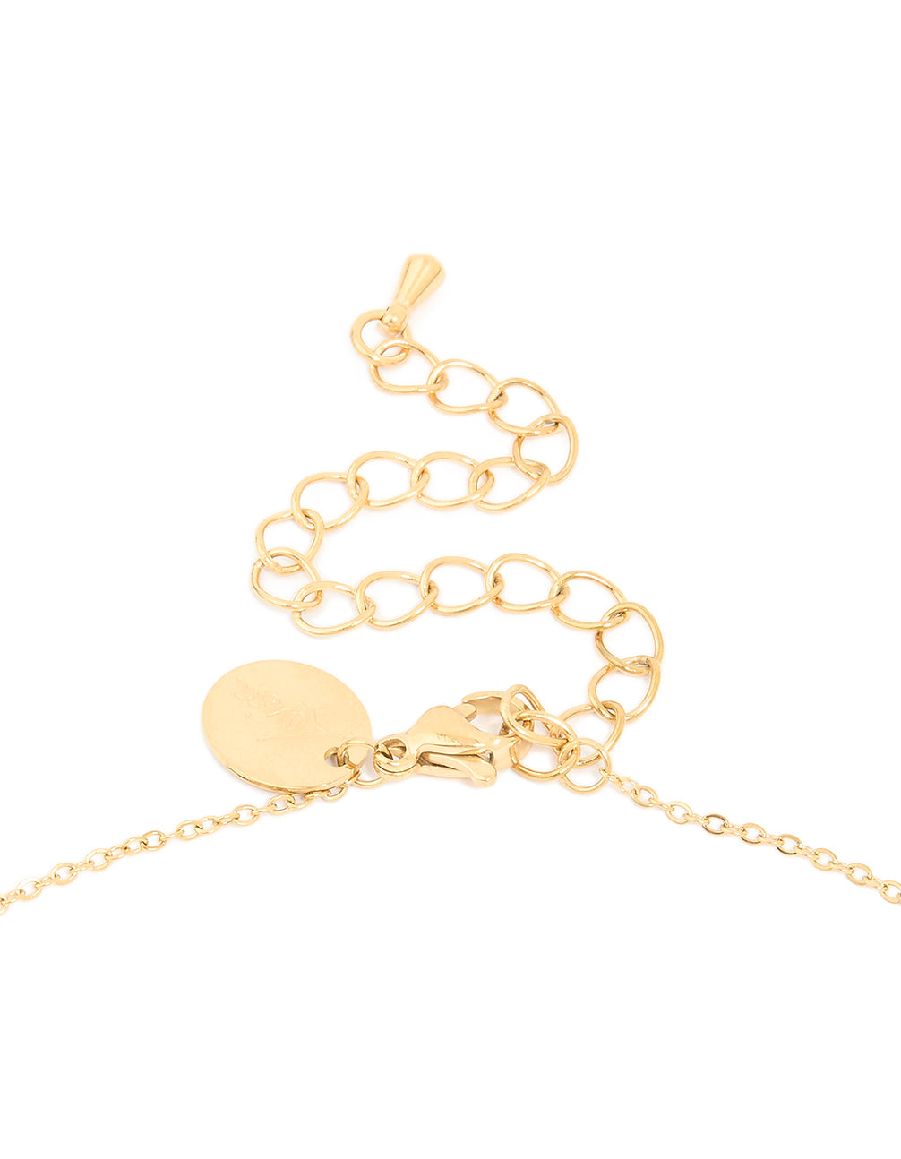 Crafted from waterproof gold plated stainless steel with cubic zirconia cross pendant necklace clasp detail view