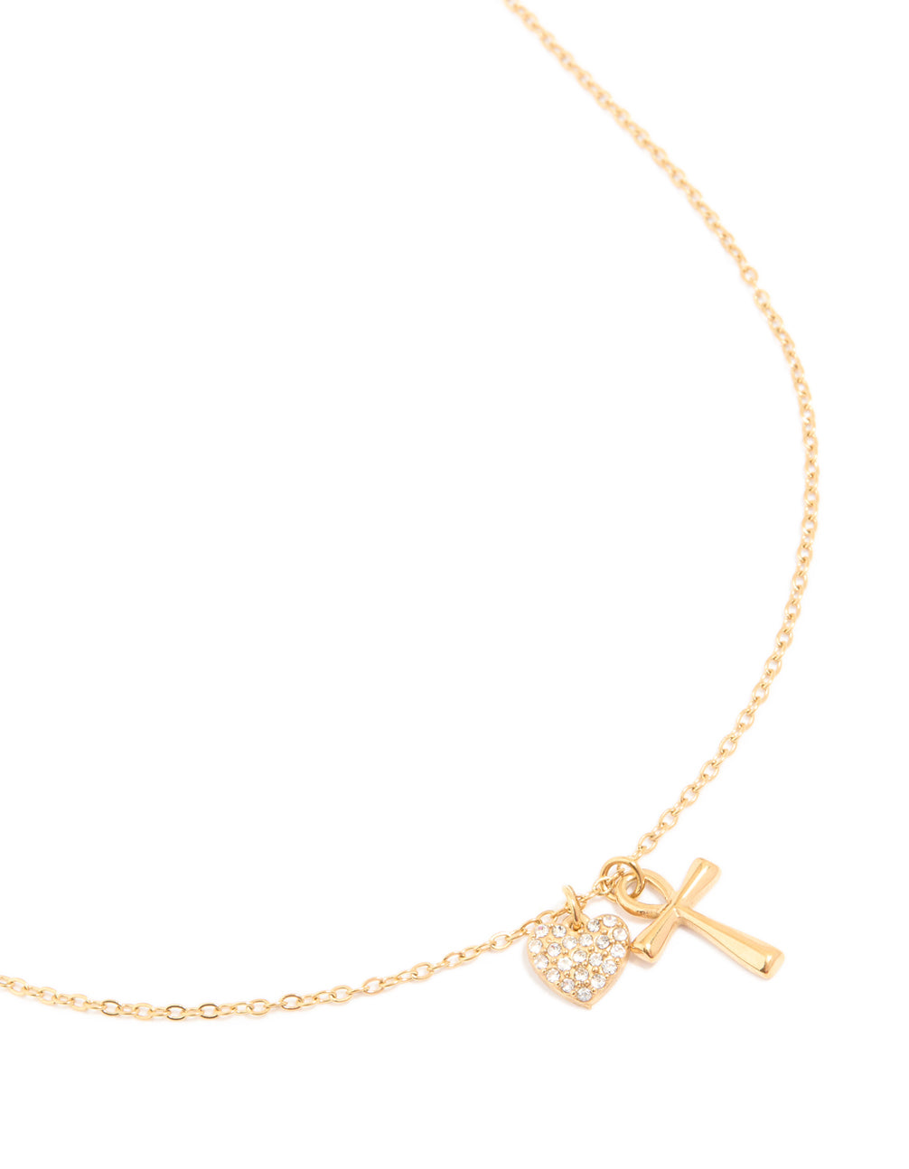 Showcasing a waterproof charm cross and heart pendant necklace crafted from cubic zirconia pave stainless steel in gold plated finish close up view