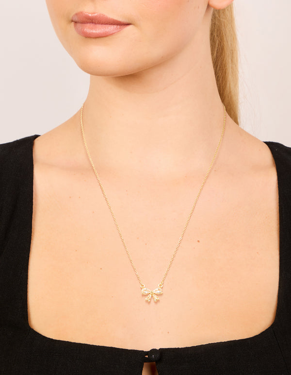 Waterproof Gold Plated Stainless Steel Cubic Zirconia Bow Pendant Necklace