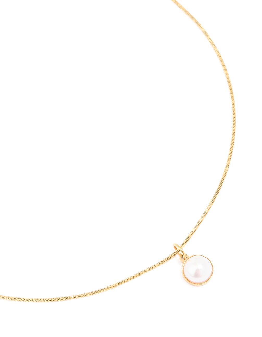 Featuring waterproof pendant necklace with stainless steel and freshwater pearl in gold plated finish close up view