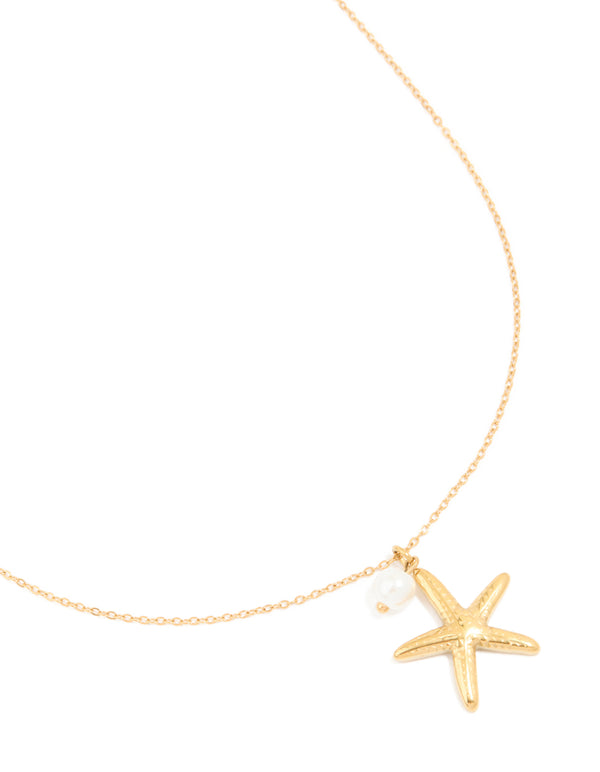 Waterproof Gold Plated Stainless Steel Pearl Starfish Pendant Necklace