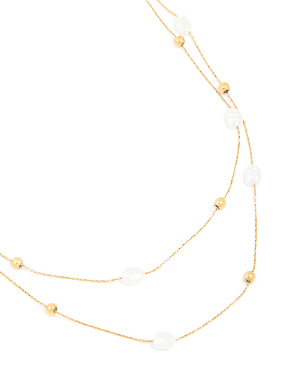 Waterproof layered necklace featuring beads and pearl accents in gold plated stainless steel close up view