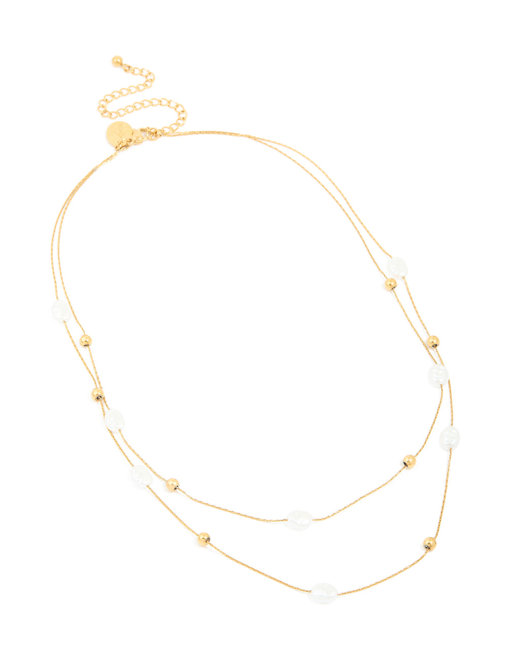 Showcasing a waterproof layered necklace with beads and pearl details crafted from gold plated stainless steel front view