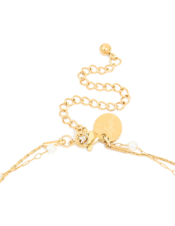 Delicately designed waterproof gold plated stainless steel pearl layered chain necklace clasp detail view