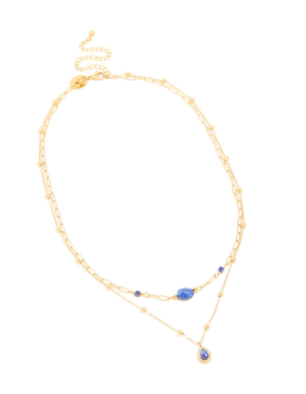 Featuring a waterproof layered necklace with beads, lapis lazuli stones, crafted from gold plated stainless steel in a statement style front view