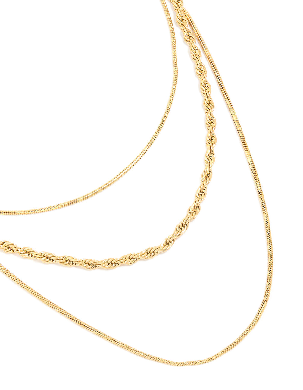 Waterproof stainless steel mixed chain layered necklace in gold plated finish close up view