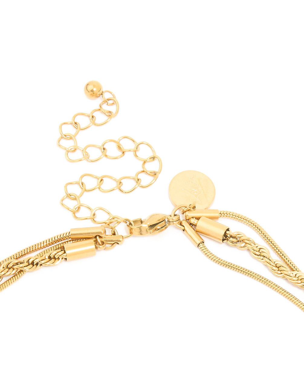 Designed with waterproof stainless steel, this mixed chain layered necklace in gold plated finish clasp detail view