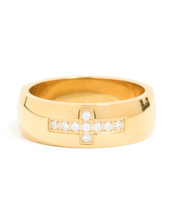 Waterproof Gold Plated Stainless Steel Cubic Zirconia Pave Cross Thick Ring