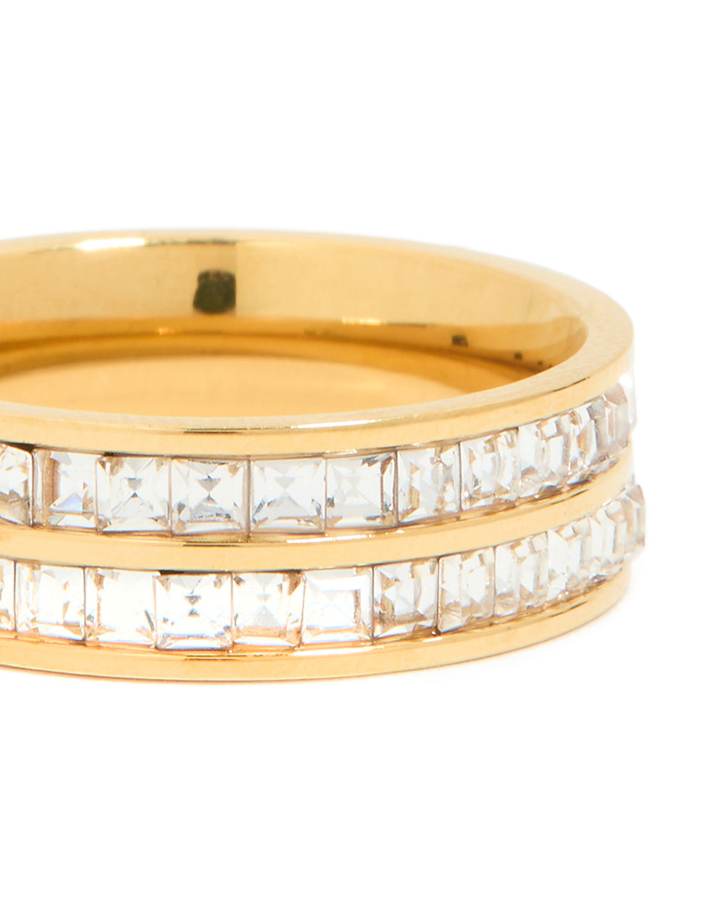 Detailed look at waterproof gold plated stainless steel square cubic zirconia double layered ring with crystal in clear accent close up view