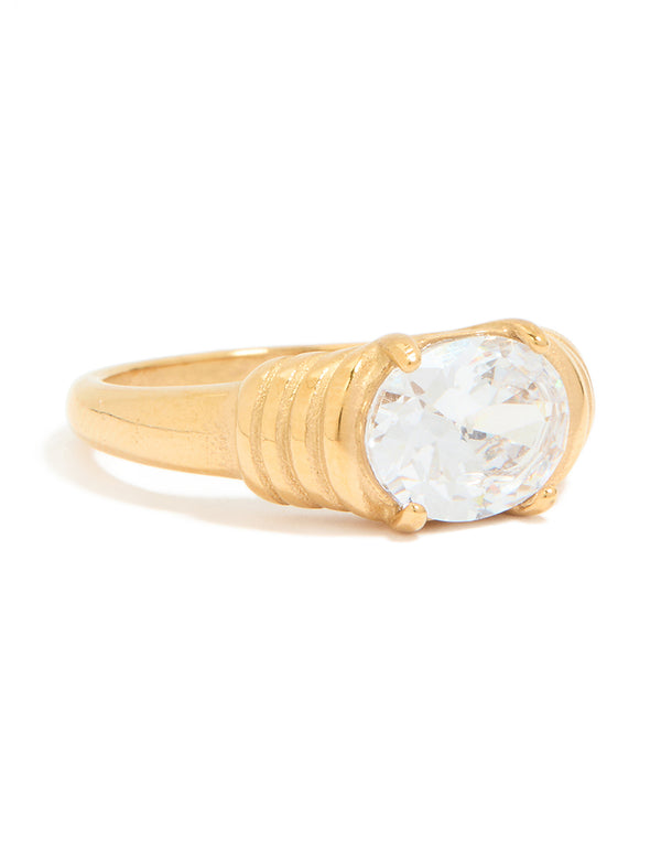 Waterproof Gold Plated Stainless Steel Oval Cubic Zirconia Ribbed Ring