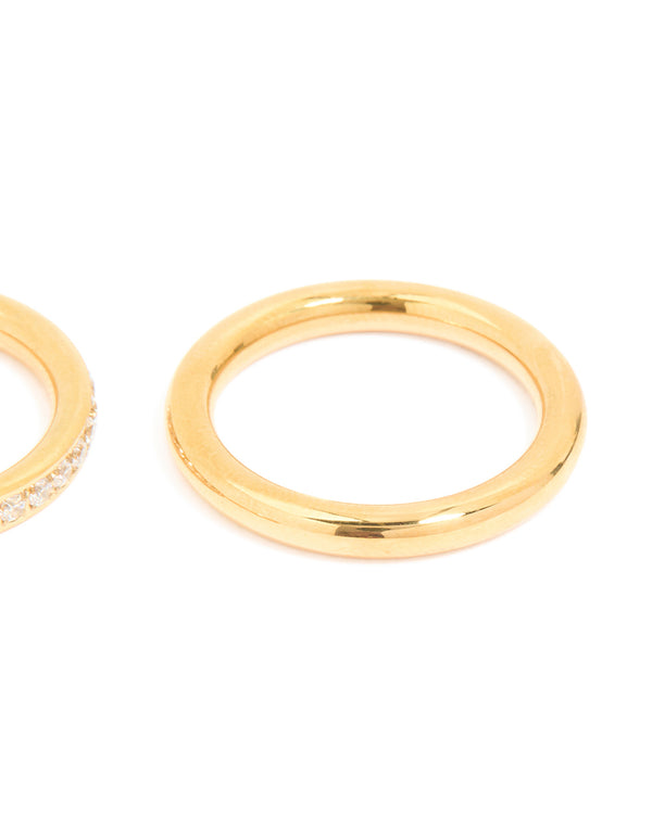 Waterproof Gold Plated Stainless Steel Cubic Zirconia Band & Smooth Rings 3-Pack