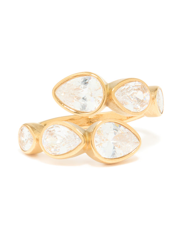 Waterproof Gold Plated Stainless Steel Cubic Zirconia Graduating Pear Wrap Ring