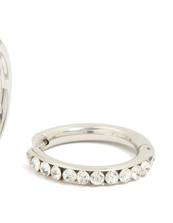 Waterproof Stainless Steel Half Diamante Hinge Hoop Earrings
