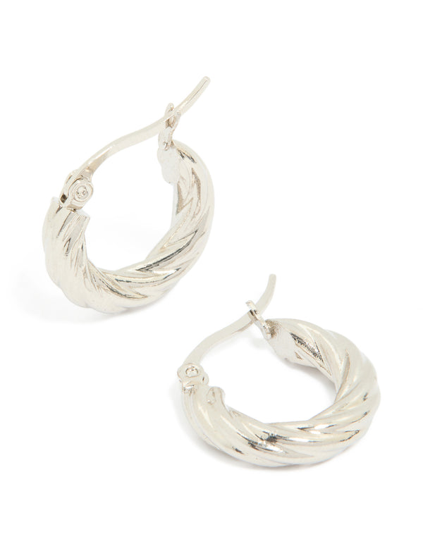 Featuring waterproof stainless steel twisted hoop earrings in silver front view