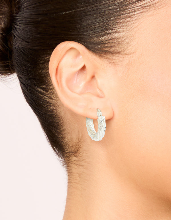 Showcasing waterproof stainless steel twisted hoop earrings in silver on ear view