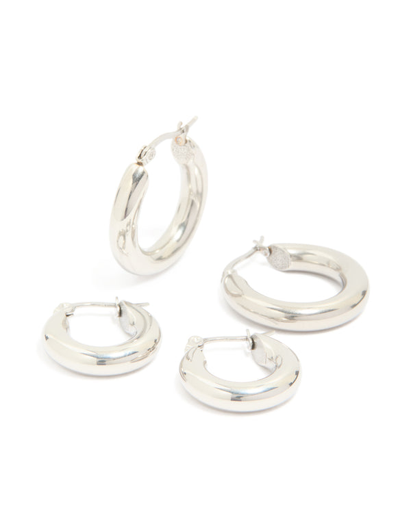 Showcasing waterproof stainless steel tube hoop earrings in a 2-pack in silver tone front view