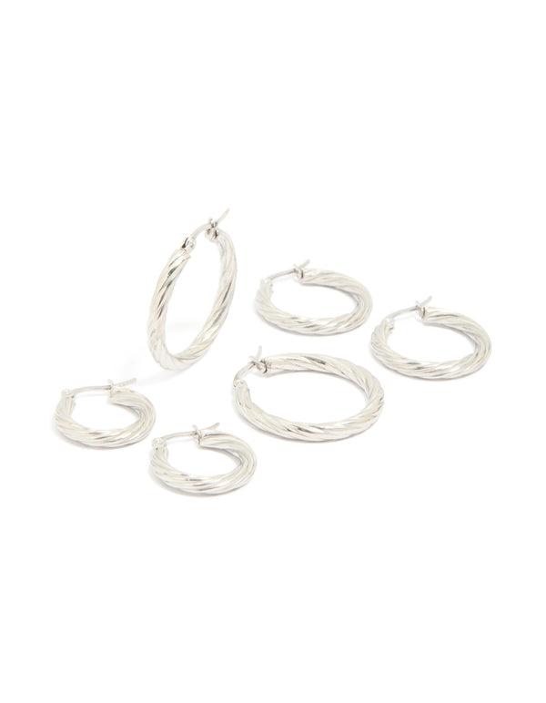Waterproof Stainless Steel Twisted Hoop Earrings 3-Pack