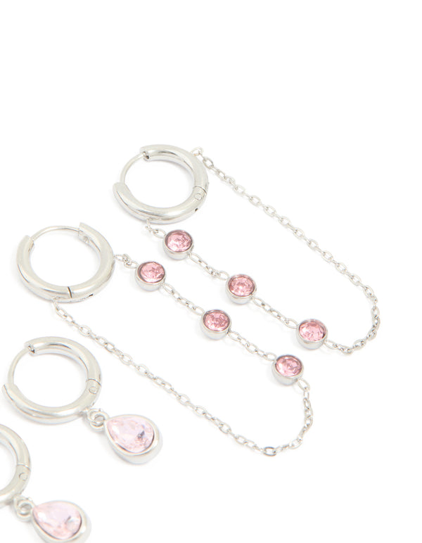 Designed with waterproof stainless steel pink cubic zirconia chain droplet and classic huggie earrings 2-pack in silver and light pink tones post detail view