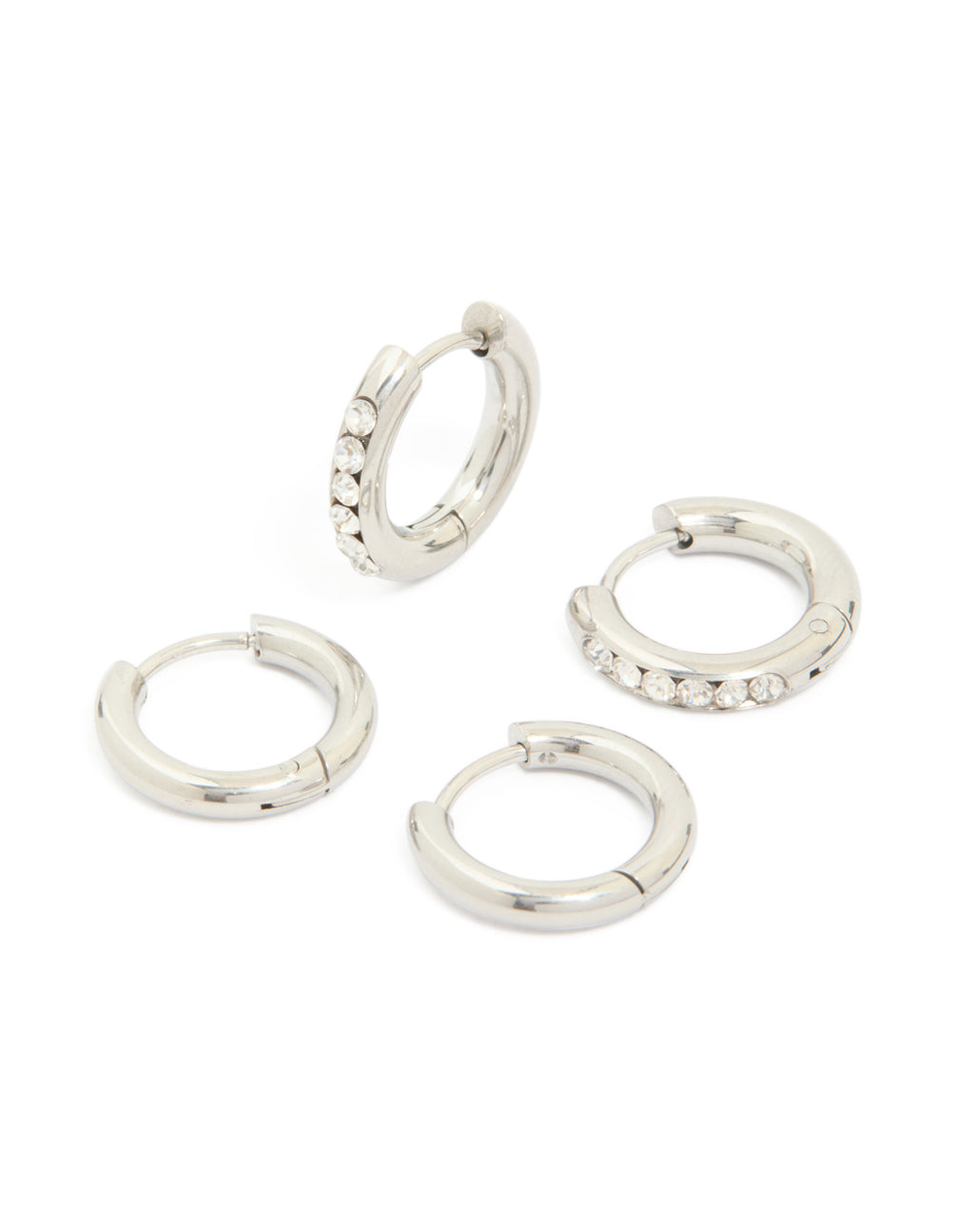 Crafted from waterproof stainless steel, chunky cubic zirconia and smooth huggie earrings 2-pack featuring crystal accents in silver front view