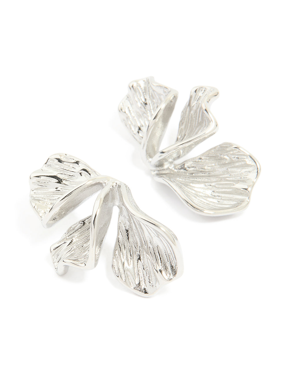 Showcasing flower petal fan earrings crafted from waterproof stainless steel in silver front view