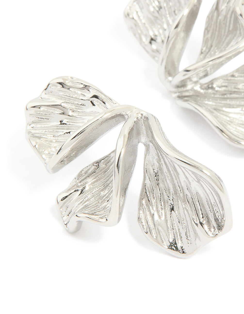 Highlighting flower petal fan earrings with waterproof stainless steel in silver close up view