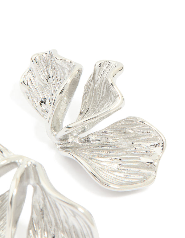 Detailed view of flower petal fan waterproof stainless steel earrings in silver post detail view