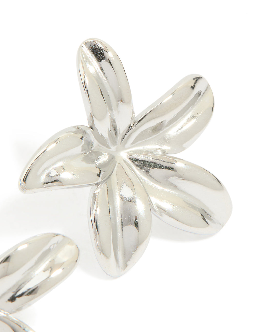 Highlighting dainty stainless steel waterproof silver 5-petal flower earrings post detail view