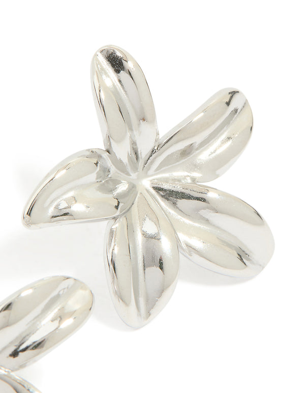 Highlighting dainty stainless steel waterproof silver 5-petal flower earrings post detail view