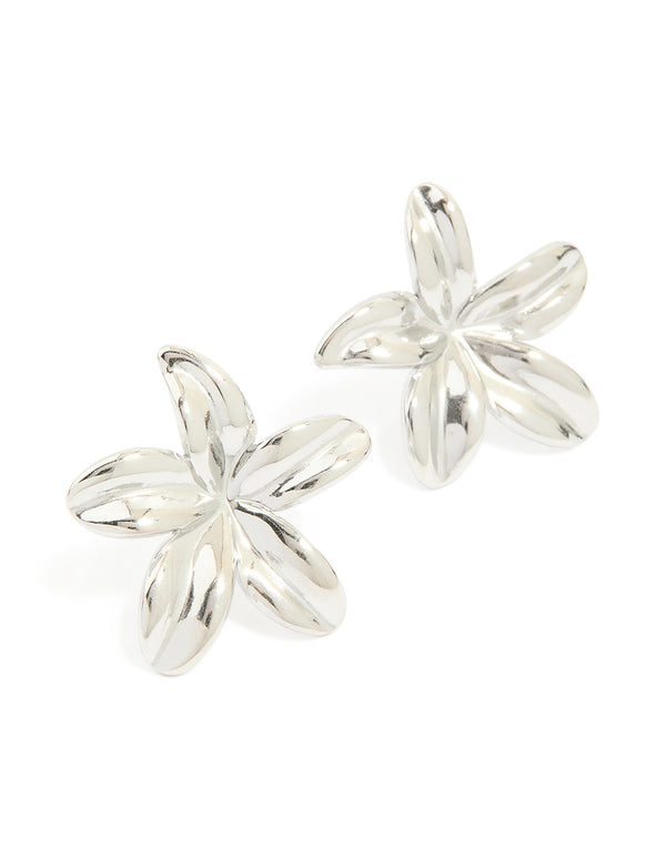 Showcasing dainty floral charm stainless steel waterproof silver 5-petal flower earrings front view