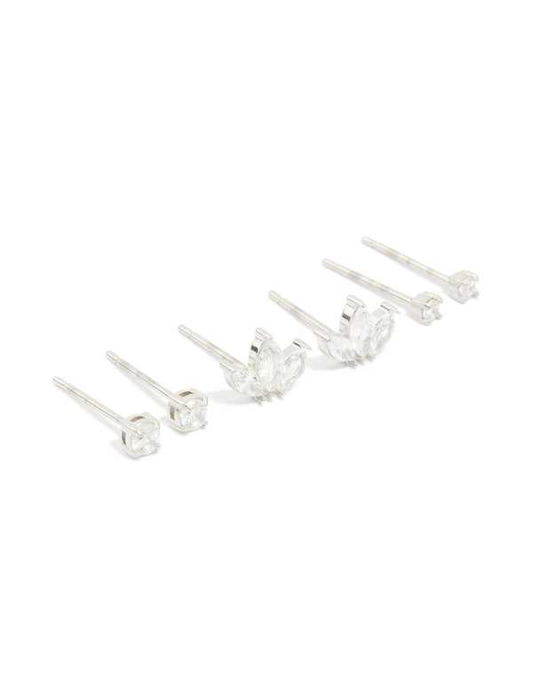 Discover waterproof stainless steel cubic zirconia fine marquise and classic stud earrings in a 3-pack with silver tones front view