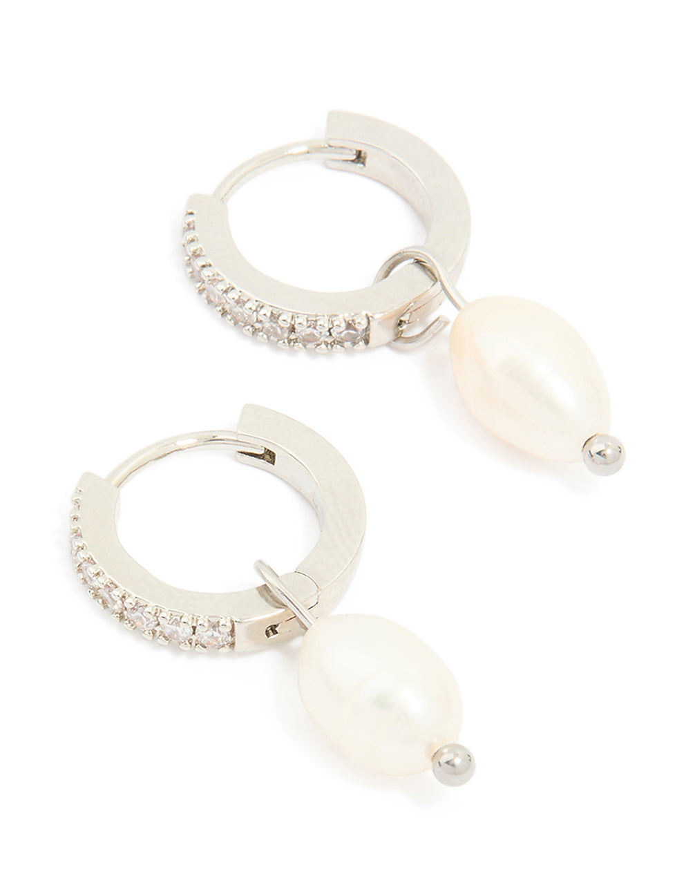 Showcasing drop huggie earrings with pearl and diamante crafted from waterproof stainless steel in silver front view