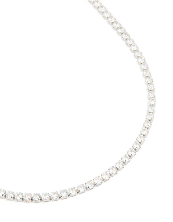 Featuring a waterproof stainless steel classic tennis necklace with cubic zirconia close up view