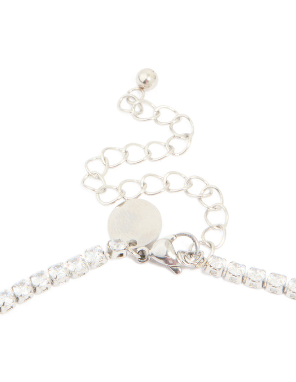 Highlighting waterproof stainless steel classic tennis necklace with cubic zirconia clasp detail view