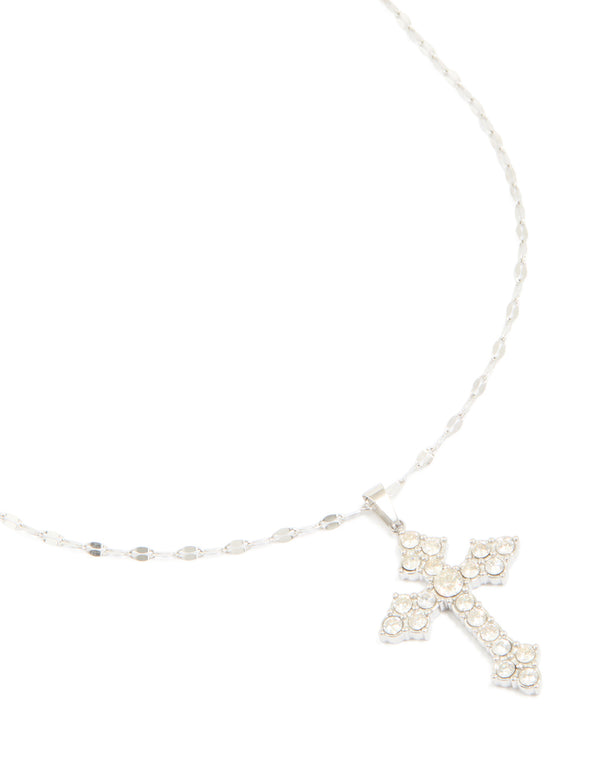Featuring a cross necklace crafted from waterproof stainless steel with cubic zirconia in a statement style close up view