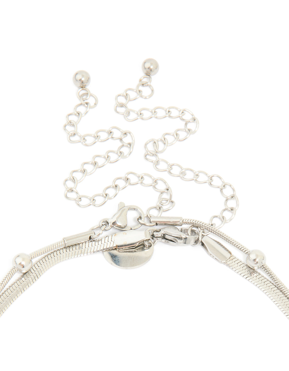 Explore the waterproof stainless steel snake chain and ball charm layered necklace in silver with statement details clasp detail view