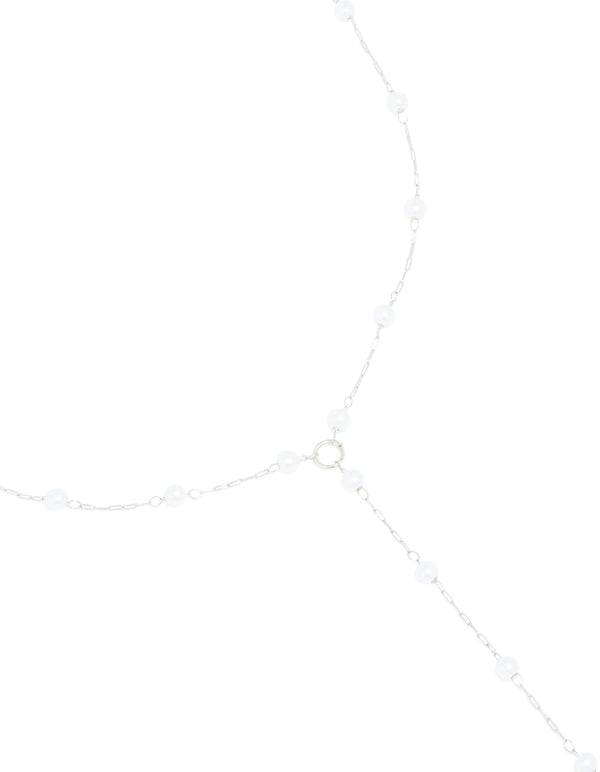 Beautifully crafted waterproof stainless steel pearl Y-necklace in silver and white close up view