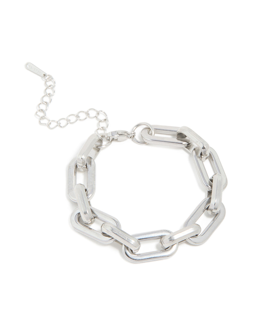 Showcasing a waterproof stainless steel large paperclip chain bracelet in silver with statement style front view