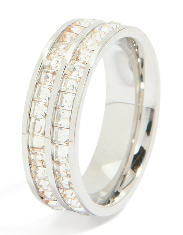 Designed with waterproof stainless steel square cubic zirconia double layered ring in silver and clear stone side detail view