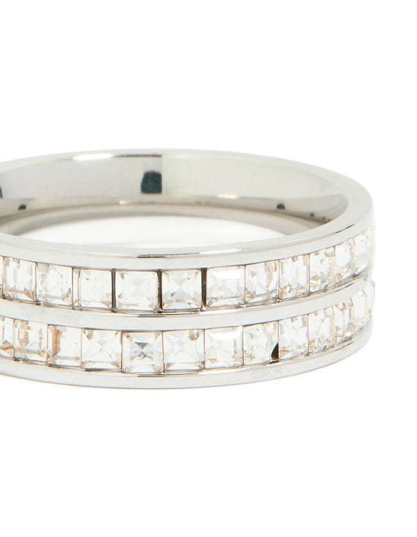 A waterproof stainless steel square cubic zirconia double layered ring in silver and clear stone close up view