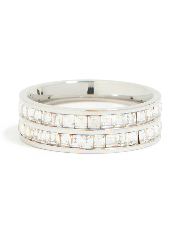 Showcasing a waterproof stainless steel square cubic zirconia double layered ring in silver and clear stone front view