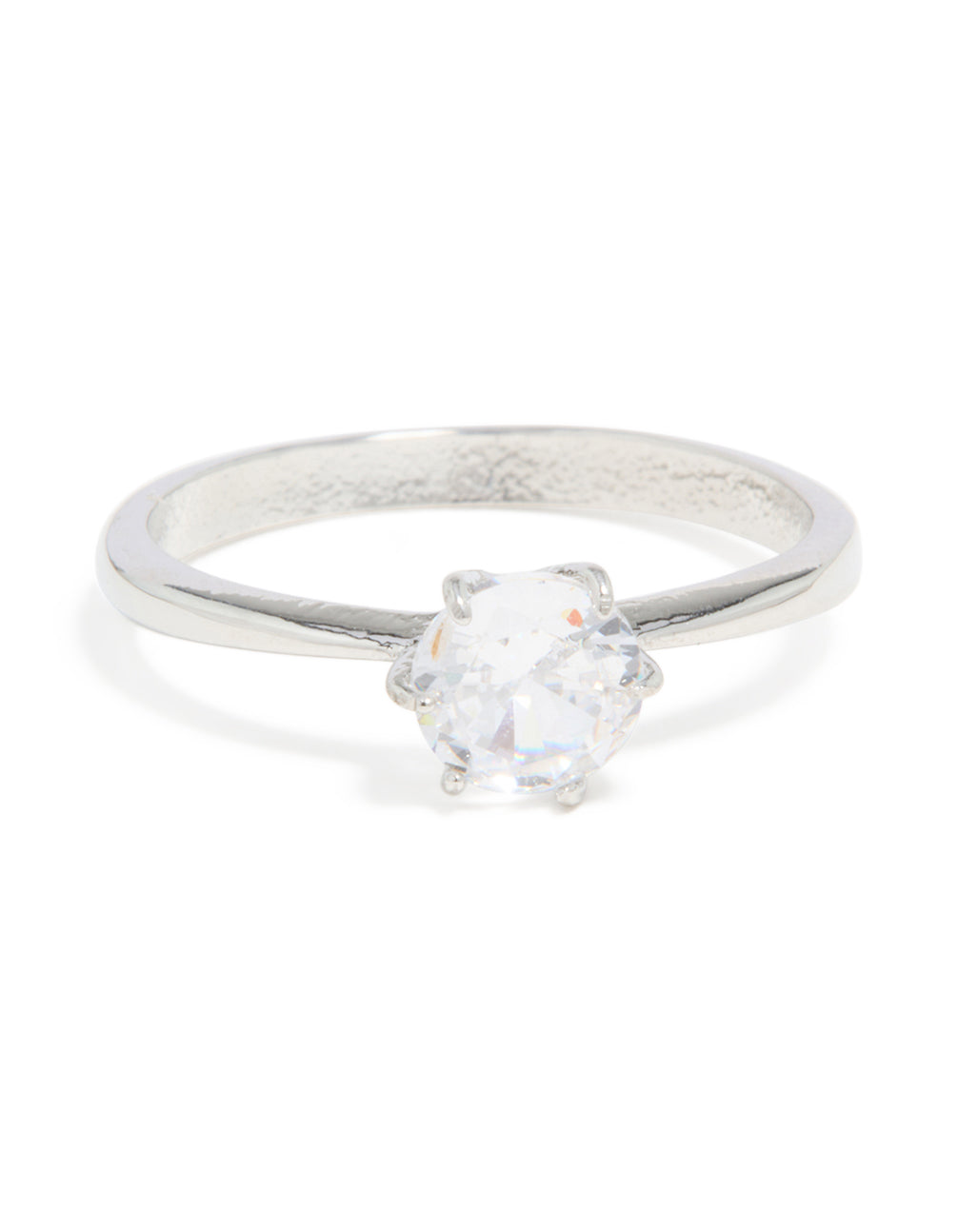 This waterproof stainless steel diamante solitaire band ring features silver and clear stone statement elements front view