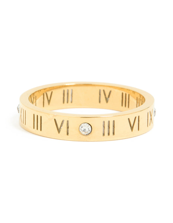 Highlighting waterproof gold plated stainless steel with roman numerals and cubic zirconia band ring close up view