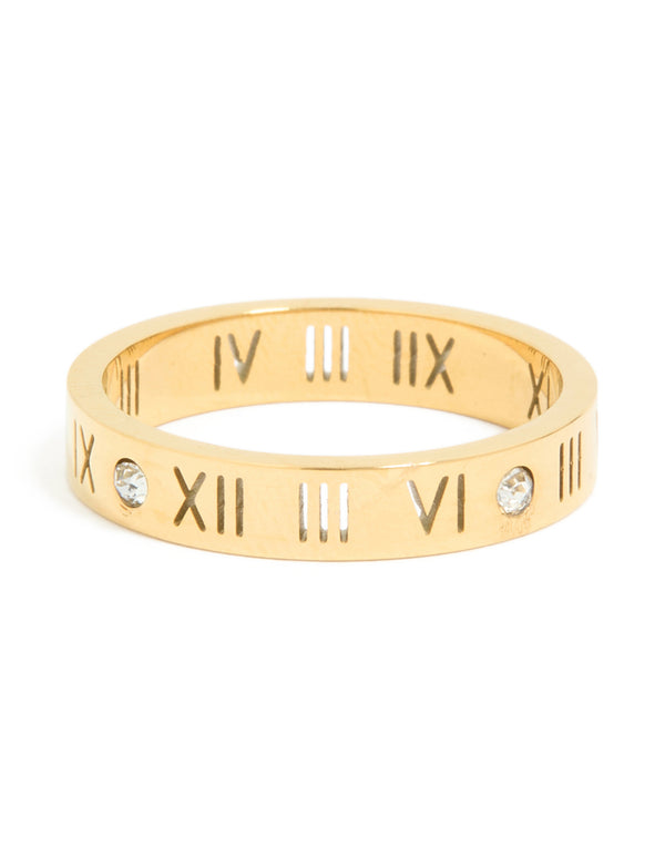 Crafted from waterproof gold plated stainless steel featuring roman numerals and cubic zirconia band ring front view