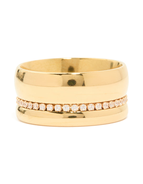 Waterproof Gold Plated Stainless Steel Cubic Zirconia Thick Band Pave Ring
