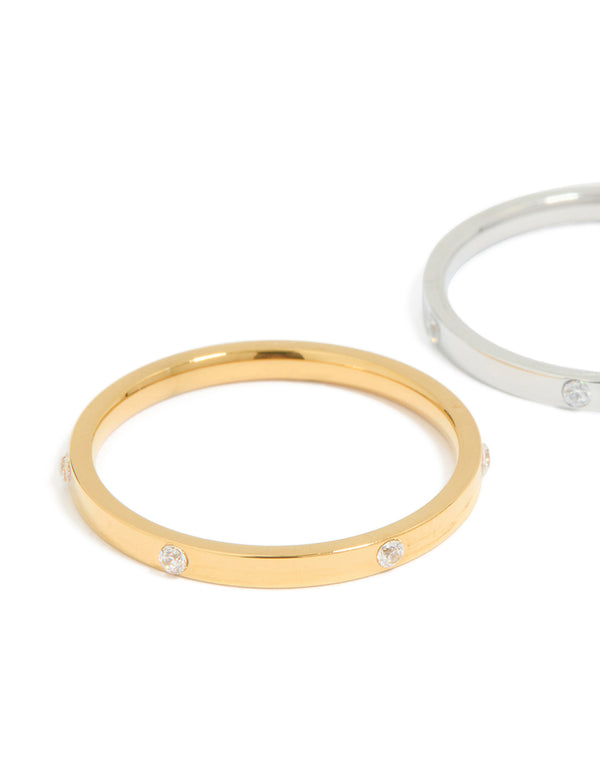 Waterproof Mixed Metals Plated Stainless Steel Skinny Cubic Zirconia Dot Rings 2-Pack