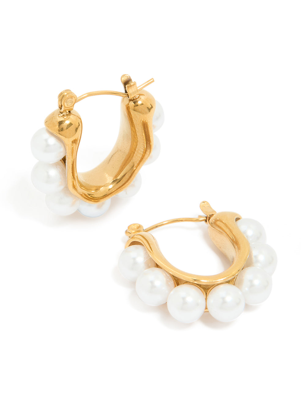 Showcasing waterproof puffy hoop earrings featuring pearl details in gold plated stainless steel front view