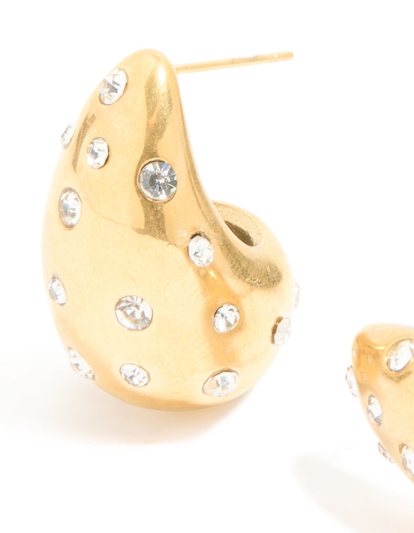 Designed with waterproof gold plated stainless steel diamante teardrop bubble earrings highlighting crystal details close up view