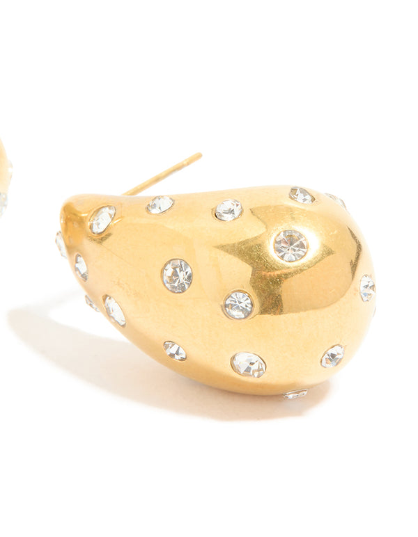 Waterproof Gold Plated Stainless Steel Diamante Teardrop Bubble Earrings