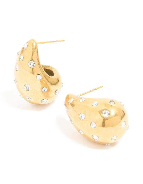 Showcasing waterproof gold plated stainless steel diamante teardrop bubble earrings with crystal embellishments front view