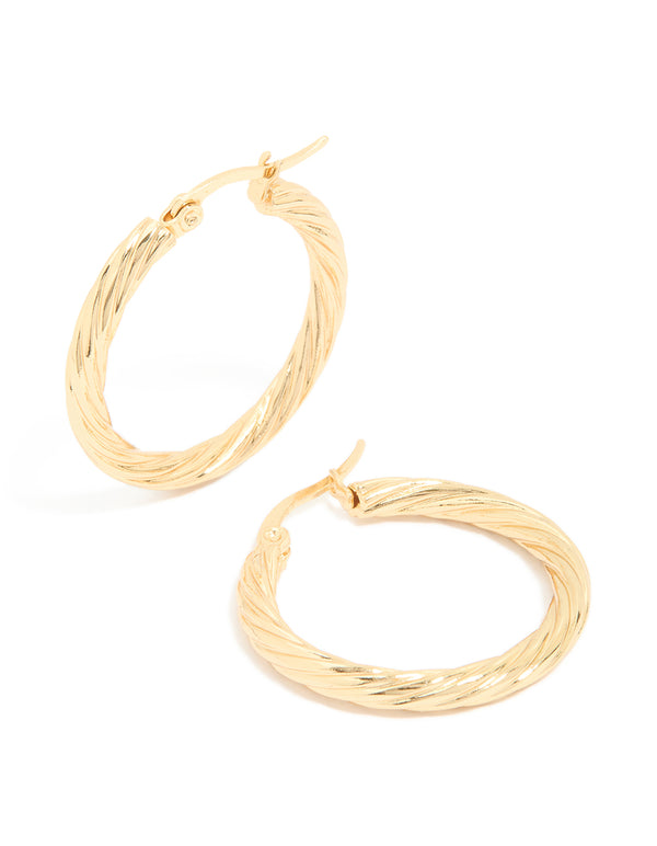 Showcasing waterproof gold plated stainless steel large twisted hoop earrings with statement style front view